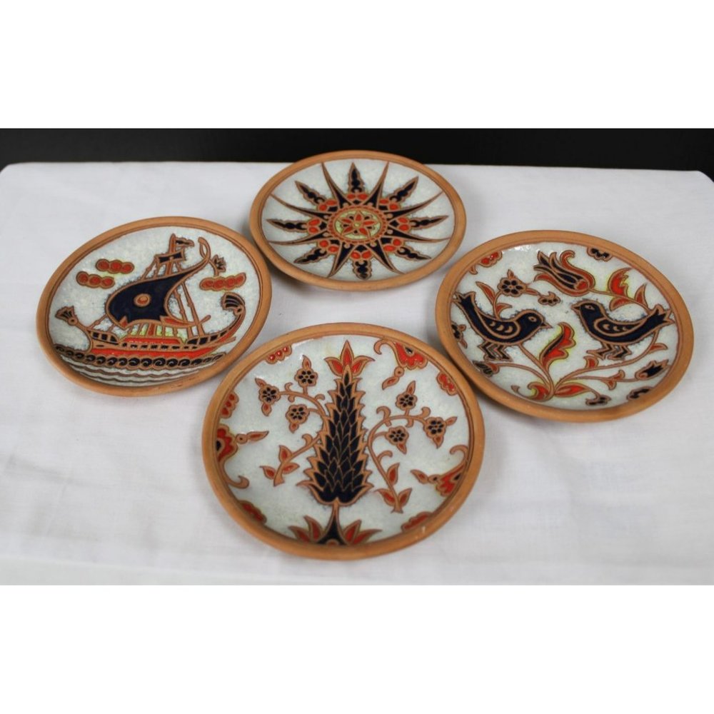 4 Small Terracotta Handmade Decorative Plates Made by Bonis in Rhodes Greece